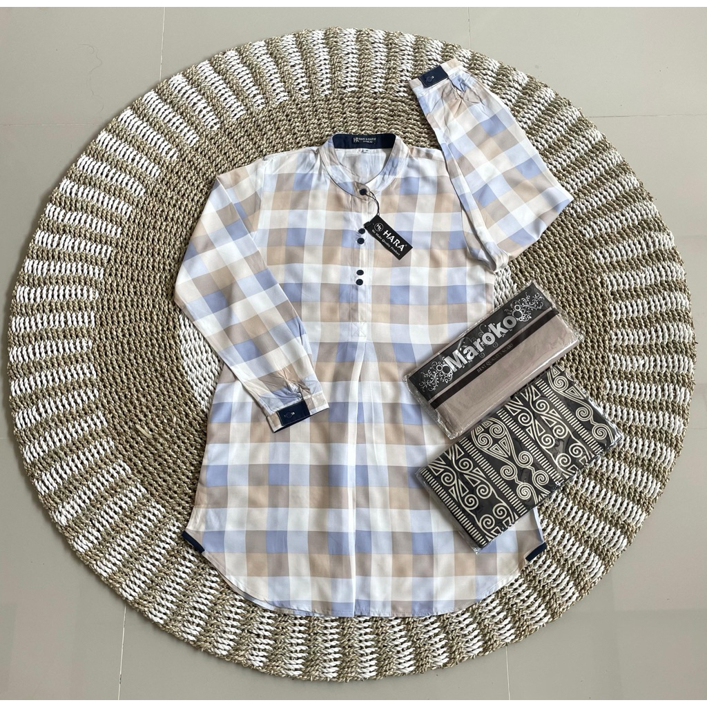 Stelan Tunik Hara Motif Salur + Sarung Aqil + Hijab