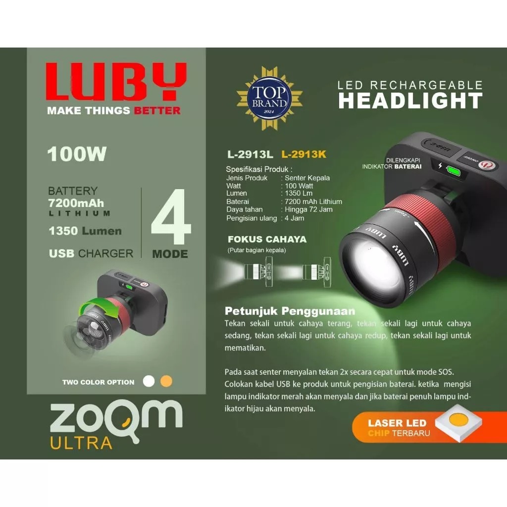 Senter kepala zoom L-2913L 100watt laser led luby