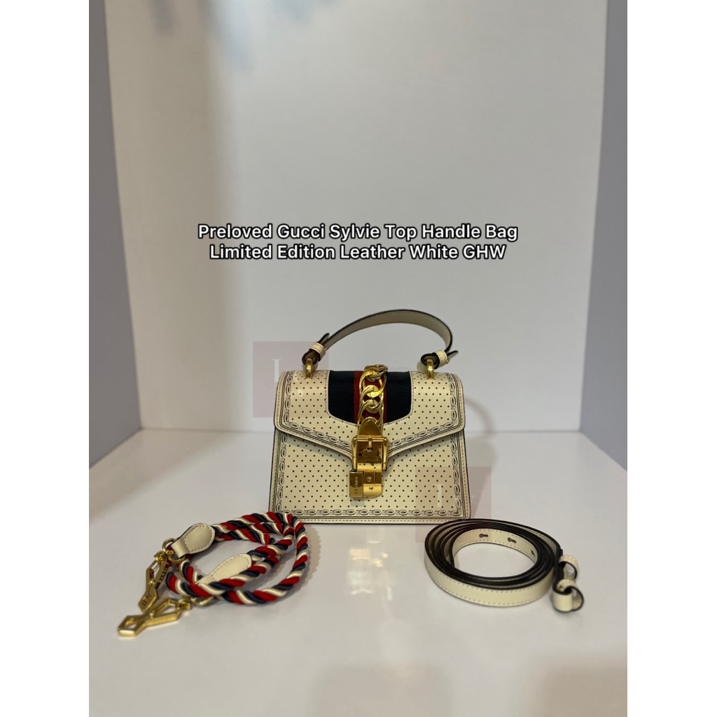 PL Tas Wanita Gucci Sylvie Top Handle Bag Limited Edition Leather White GHW mirr0r