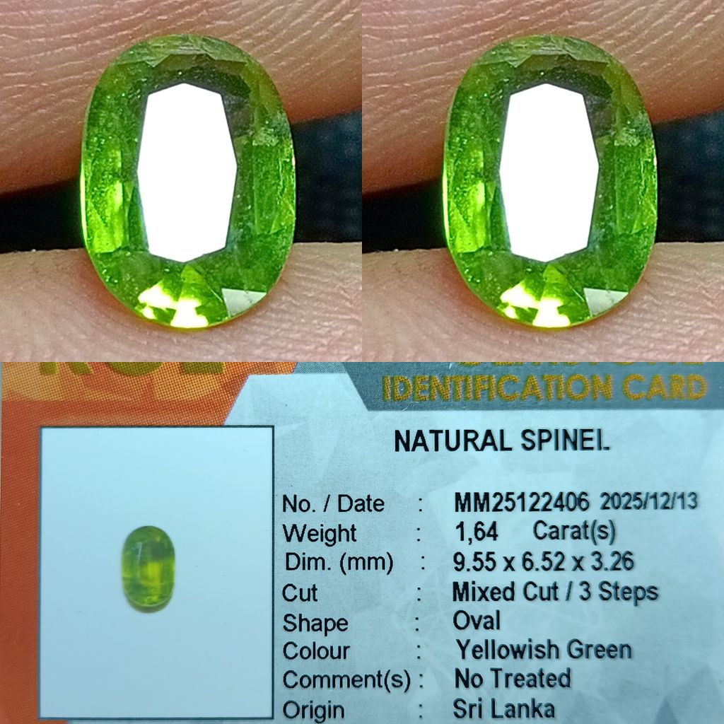 NATURAL SPINEL YELLOWISH GREEN SRI LANKA MEMO KGL LAB