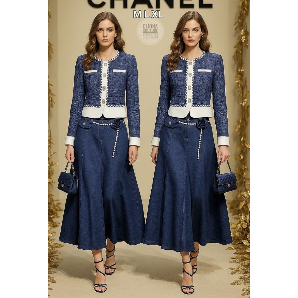 Cliona couture premium set (blazer tweed+rok soft jeans)inc belt utk rok