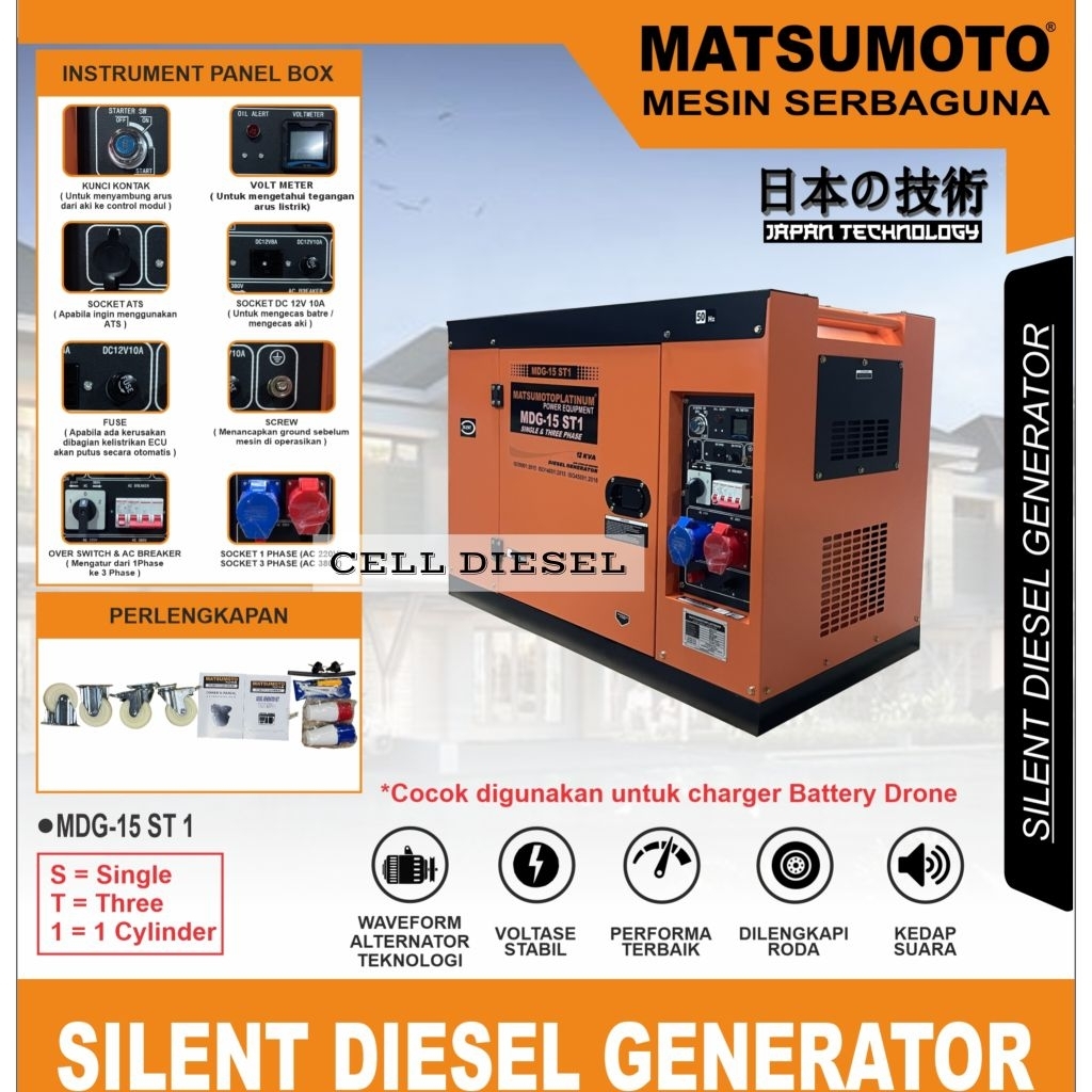 Mesin Genset Silent Diesel Generator MATSUMOTO MDG 15 ST1 / 10000 Watt Dual Volt
