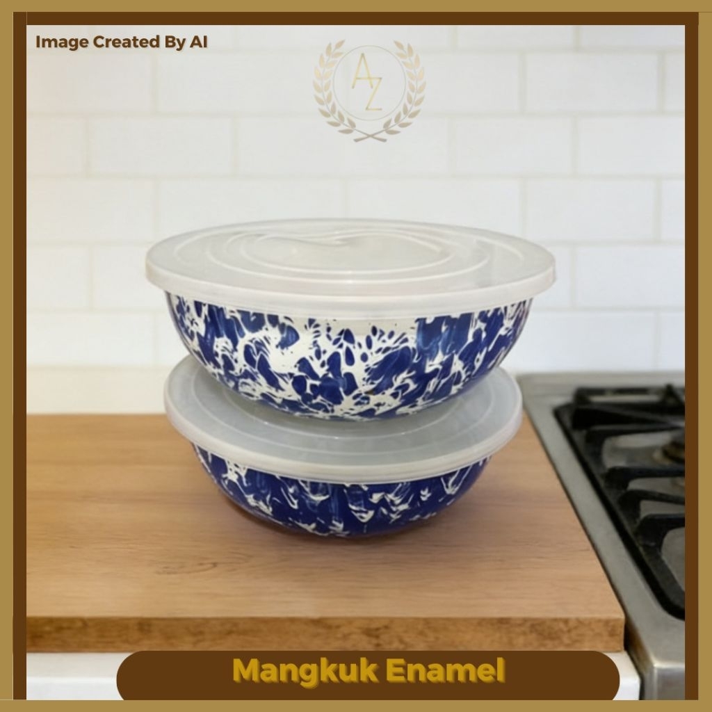 Mangkuk besar enamel + Tutup plastik - 1 pcs / mangkuk murah berenamel + tutup plastik yang kuat