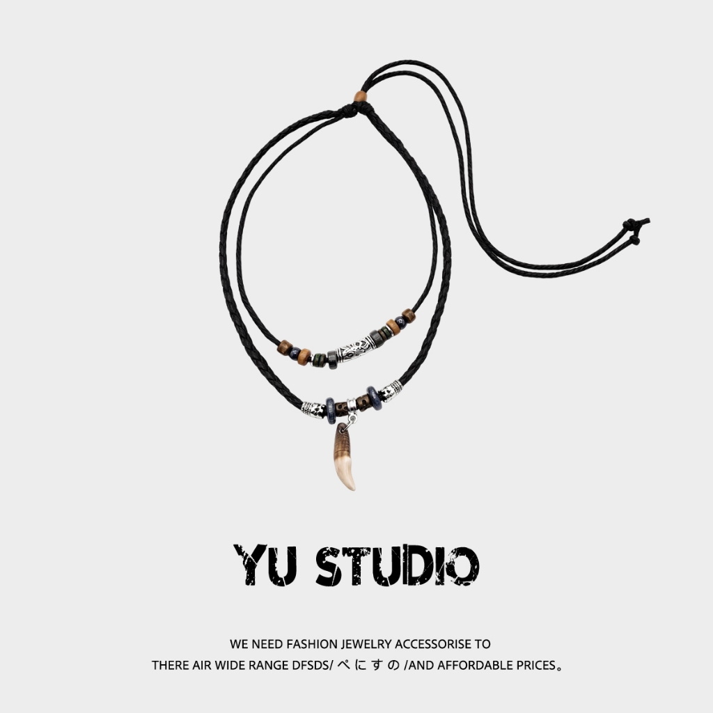 YUSTUDIO-Kalung liontin taring serigala untuk pria, gaya retro dengan dua lapis, perpaduan kulit ten