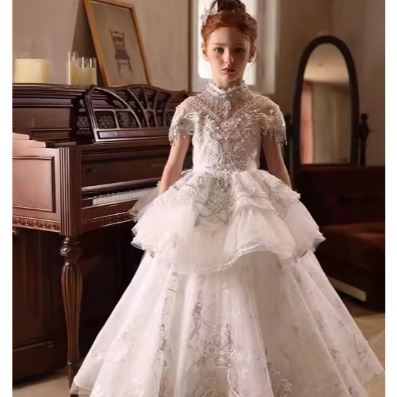 gaun  anak pesta  ballgown  anak  pesta putih lengan pendek  pesta  ballgown dress