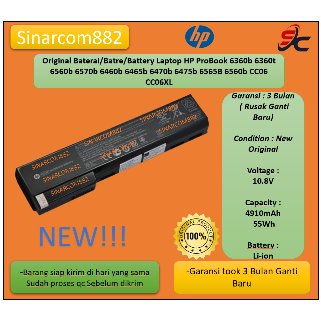 Original Baterai/Batre/Battery Laptop HP ProBook 6360b 6360t 6560b 6570b 6460b 6465b 6470b 6475b 656