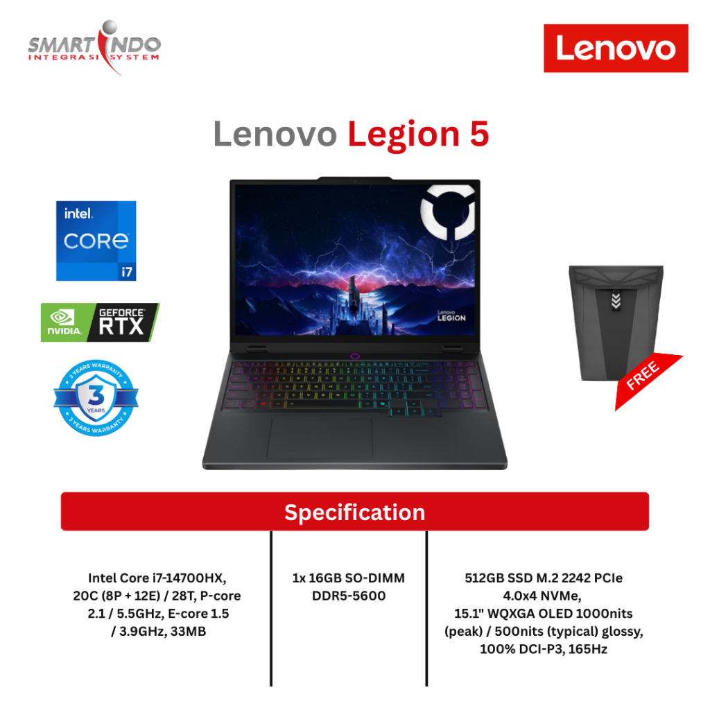 Lenovo LEGION 5 15IRX10 83LY00HKID Intel Core i7-14700HX, 16 GB , 512 SSD , 15.1" , RTX 5060 8GB , W