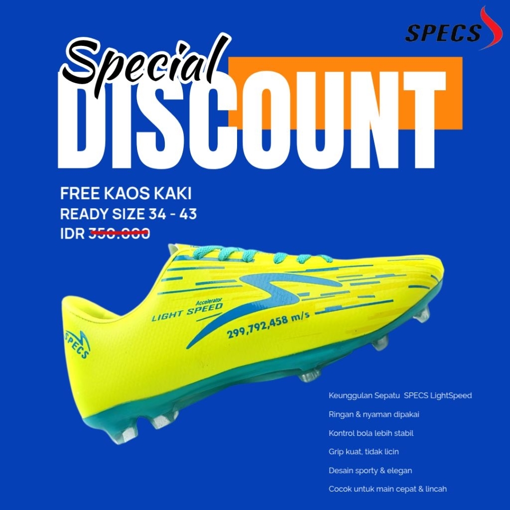 SPECS Light Speed – Sepatu Bola Original Ringan, Nyaman & Stabil