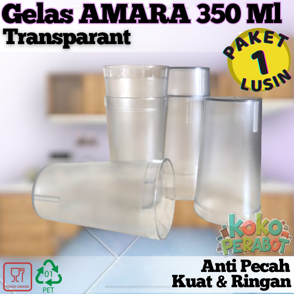 Paket 1 Lusin Gelas Amara Transparant - Gelas Bening Anti Pecah - Gelas PET - Gelas AMARA-Pikko