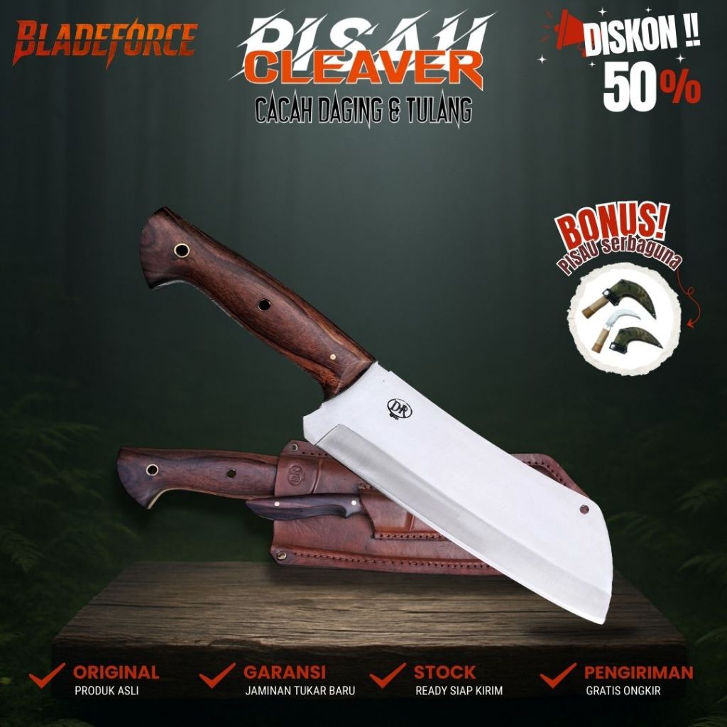 Pisau Cacah Daging Tulang - Baja Sarung Kulit Asli