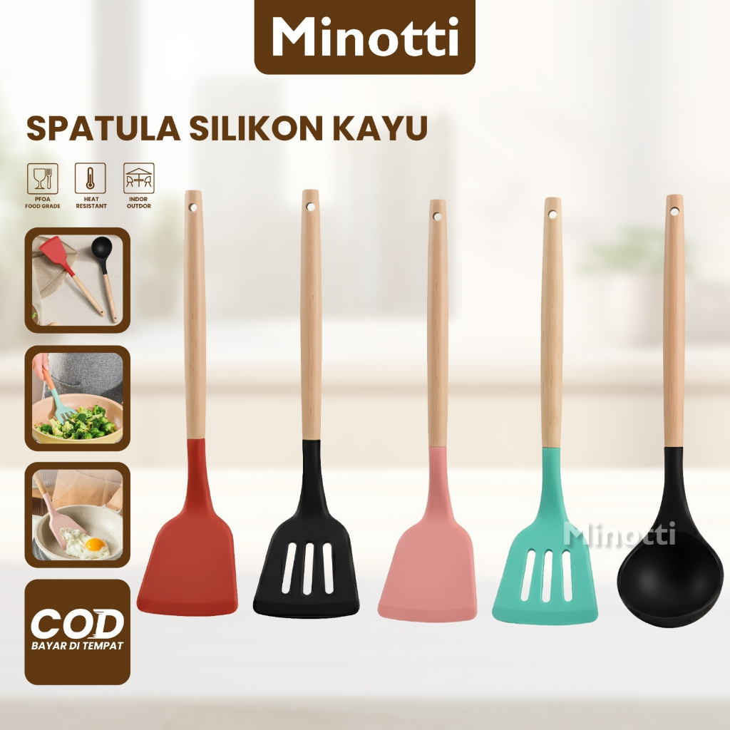 Spatula Silikon Gagang Kayu /Sutil Masak Untuk Goreng Tumis Tahan Panas Anti Baret / Silicone Spatul