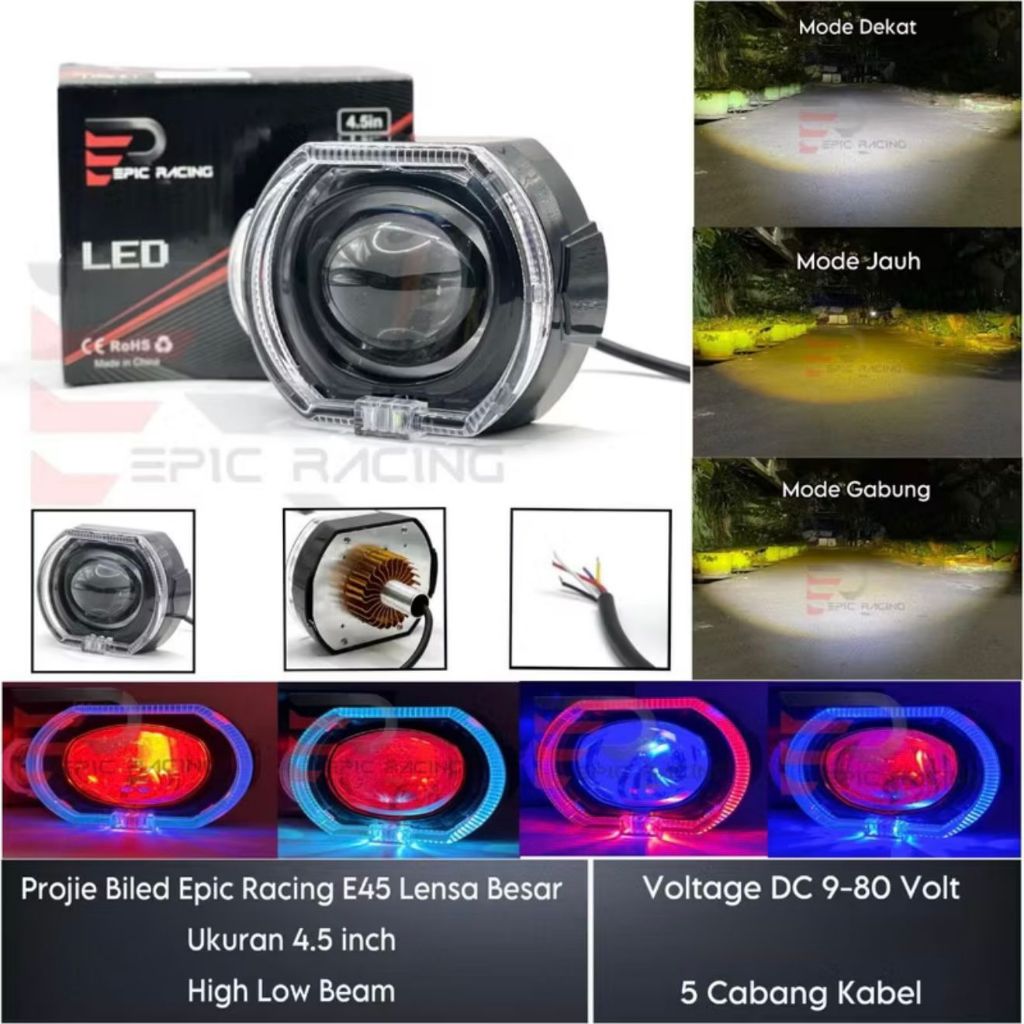 Projie Biled Epic Racing Lensa Besar 4.5 inc E45 High Low Beam Plus Shroud Dan Devil Lampu Utama Mot