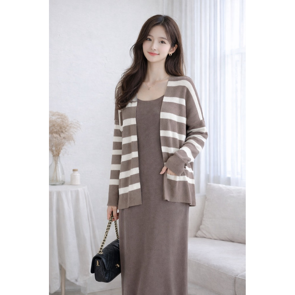 Clara One Set Cardigan Rajut Salur Dan Inner Dress Kutung Wanita Premium Korean Style
