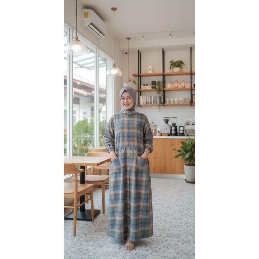 Gamis katun triset dres bahan katun notif kotak salur
