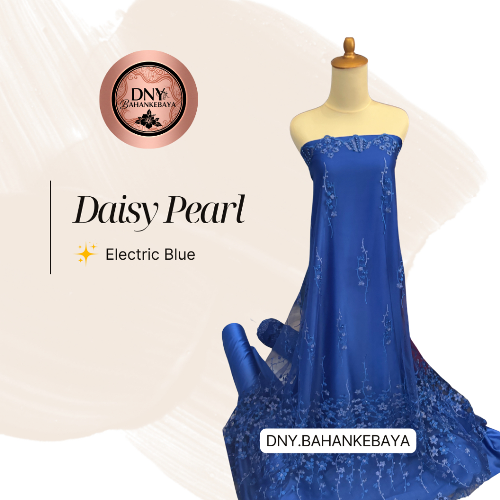 Bahan Kain Kebaya Brokat Brukat Tile Mutiara Daisy Pearl Warna Biru Elektrik