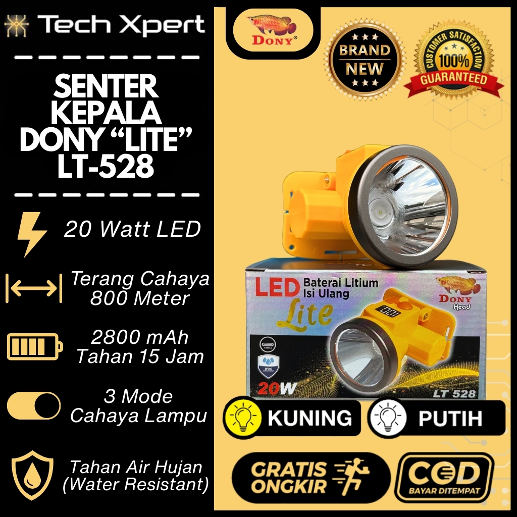 SENTER KEPALA DONY 20 WATT LITE LT-528 LED BATERAI LITHIUM ISI ULANG LEBIH FOKUS & TERANG WATERPROOF