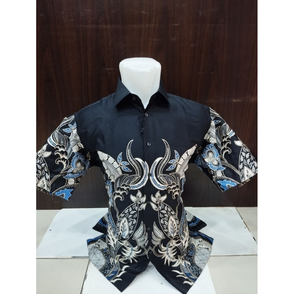 Alisan Kemeja Batik Premium Pria Motif Sayap Bunga Burung Cream Size Jumbo 16½ 17 17½ Lengan Pendek 