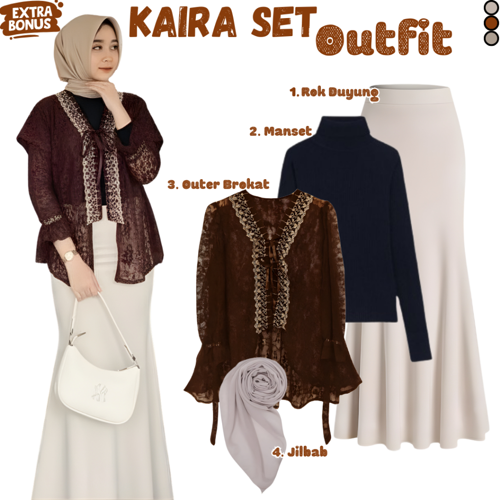 Kaira Set Outfit Kondangan ( Rok Duyung + Manset + Outer + Jilbab ) Oneset Lebaran Setelan Wanita