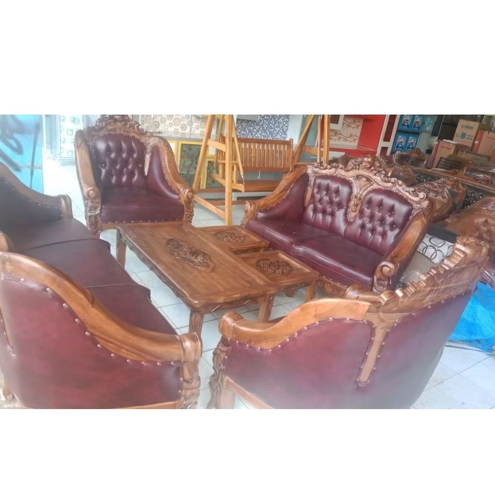 Sofa Jati Ukir 3211 Romawi Ganesha + Meja (Kursi Ruang Tamu)