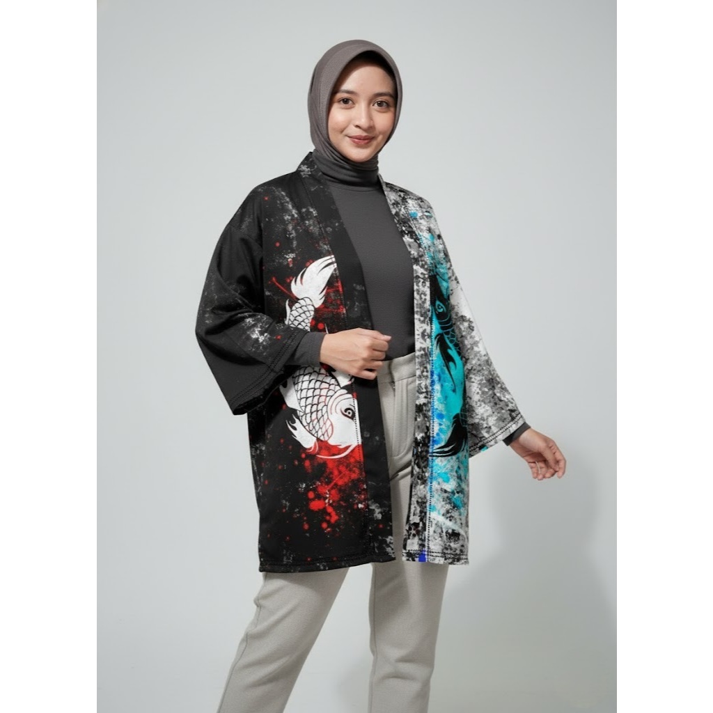 Kimono Haori Polyester Black White Yin Yang Koi Premium