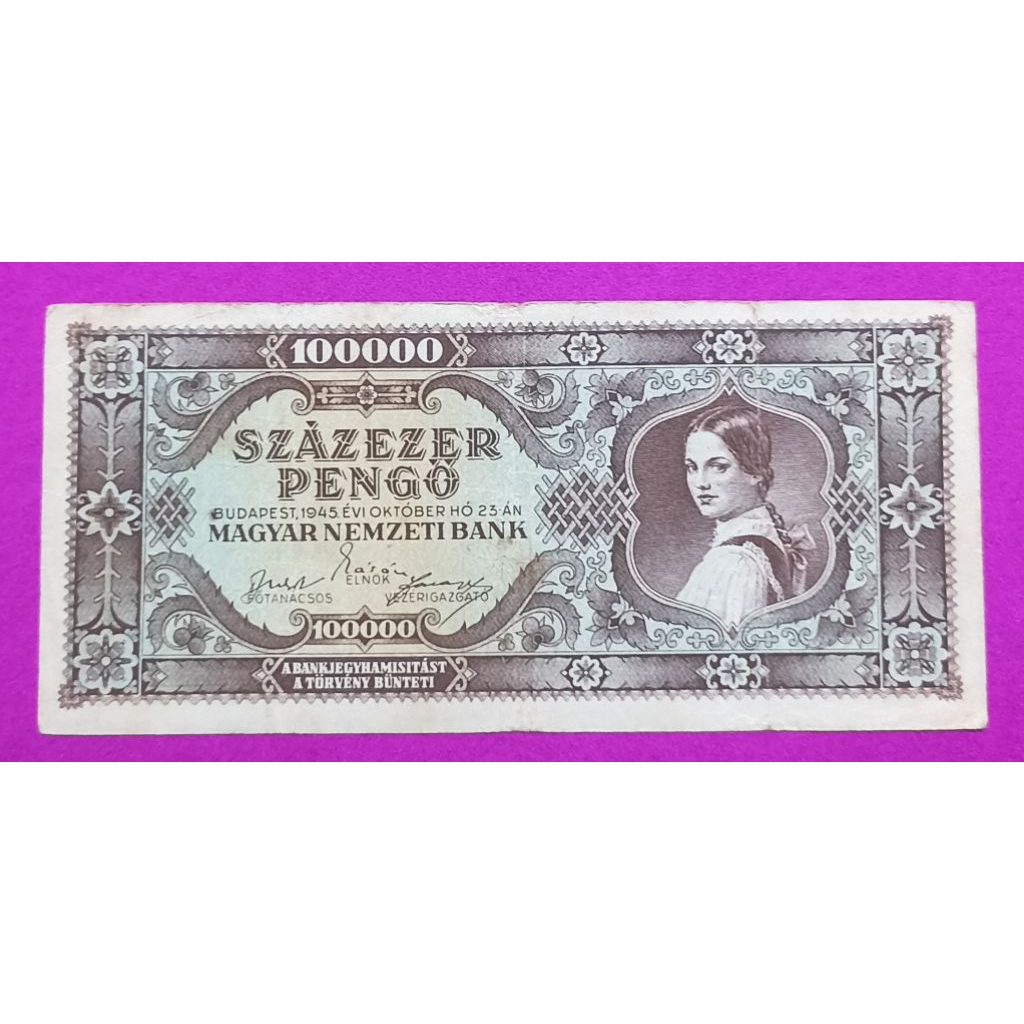 UANG KERTAS HUNGARIA 1OO OOO PENGO 1945