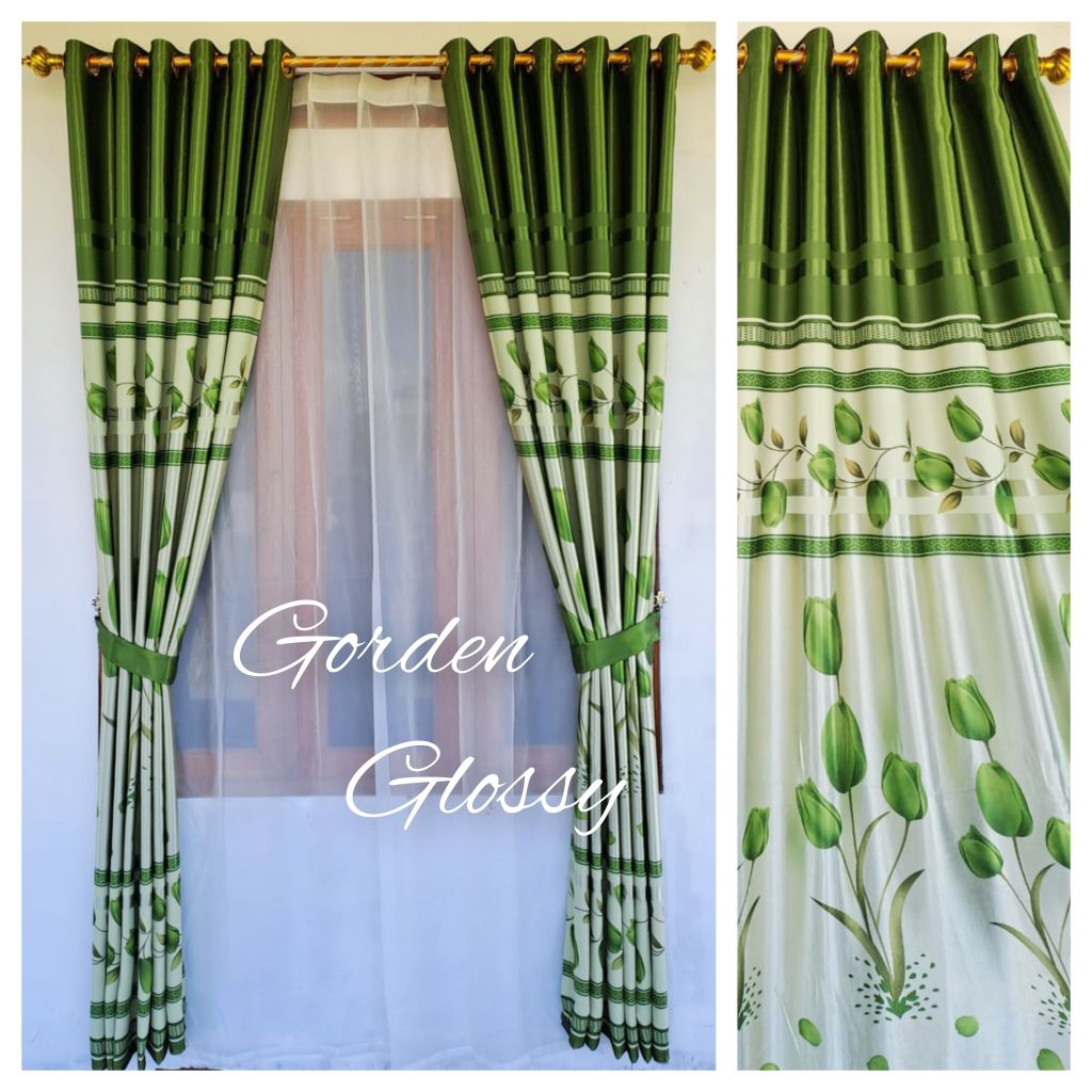 gorden glossy mengkilap motif bunga tulip hijau bahan blackout import