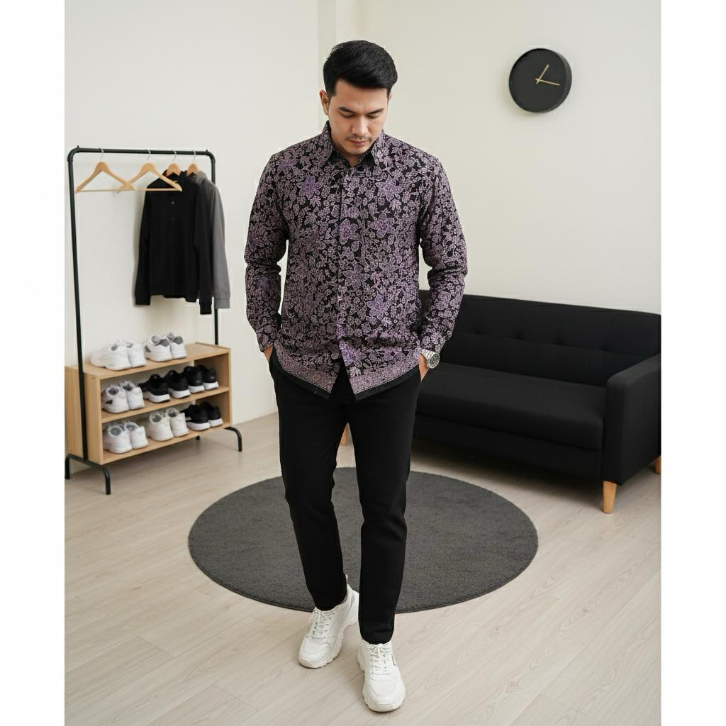 Kemeja Batik Pria Lengan Panjang Hitam Motif Floral – Formal Casual