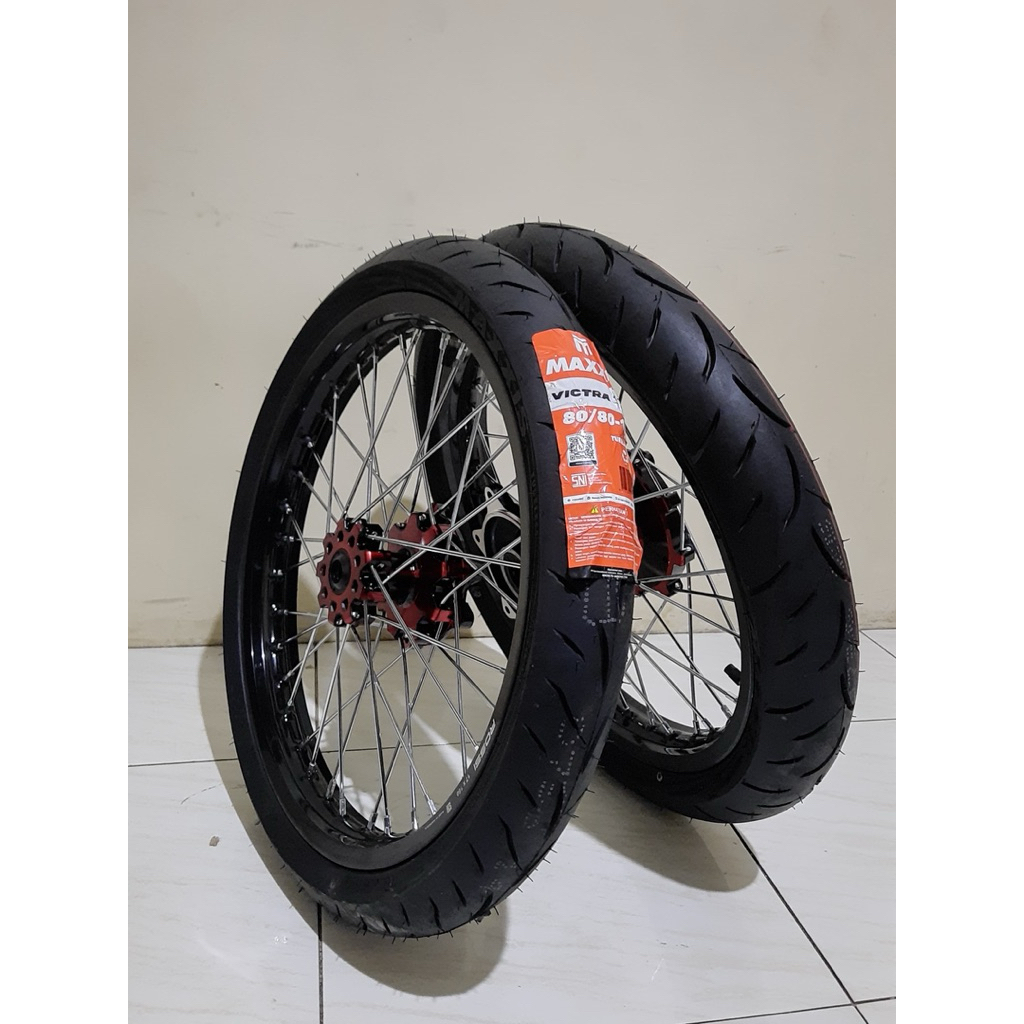 Wheelset supermoto Crf klx wr155 semi cacing surex velg rossi scarlet tinggal pasang