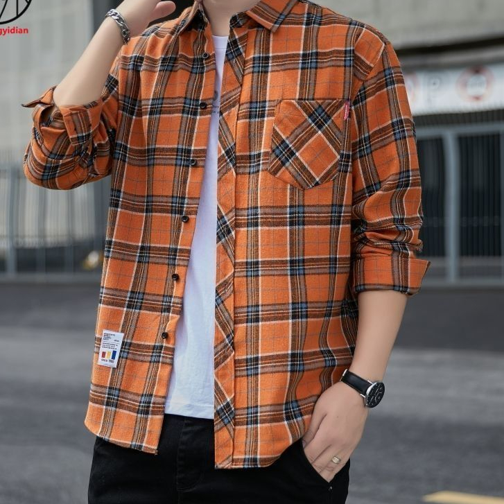 Kemeja Lengan Panjang Pria Kotak-kotak - Jaket Longgar Atasan Berat