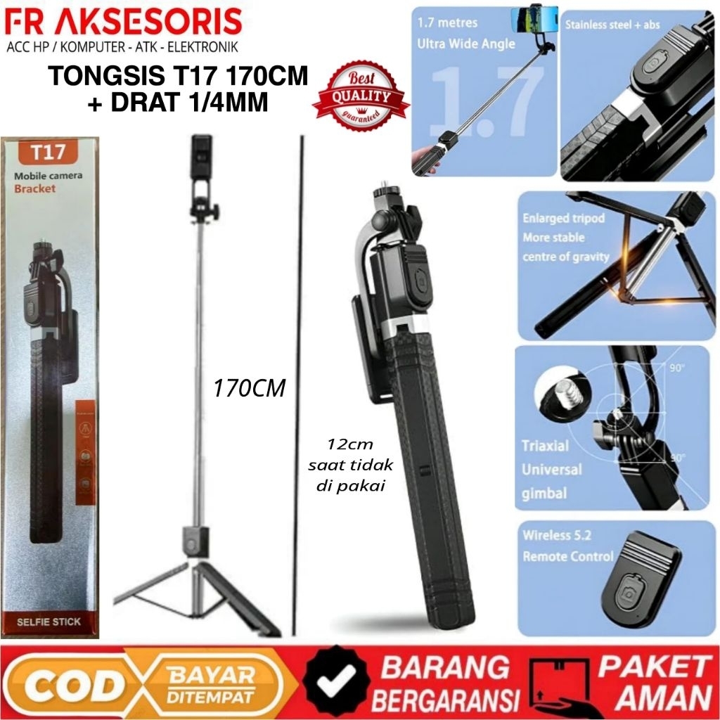 Tongsis Bluetooth 3in1 170cm T17 + DRAT Tripod Remote Bluetooth 3in1 T17 MULTIFUNGSI TONGSIS 3IN1 TR