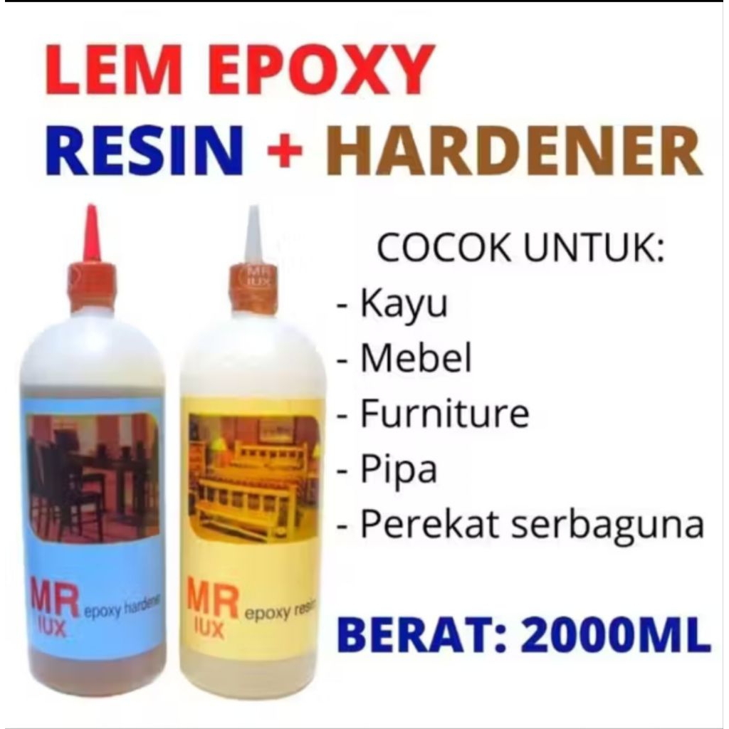 Lem EPOXY Resin Hardener MR LUX Kemasan 1.kg botol (HARDINER+RESIN) Lem Epoxy 2 komponen