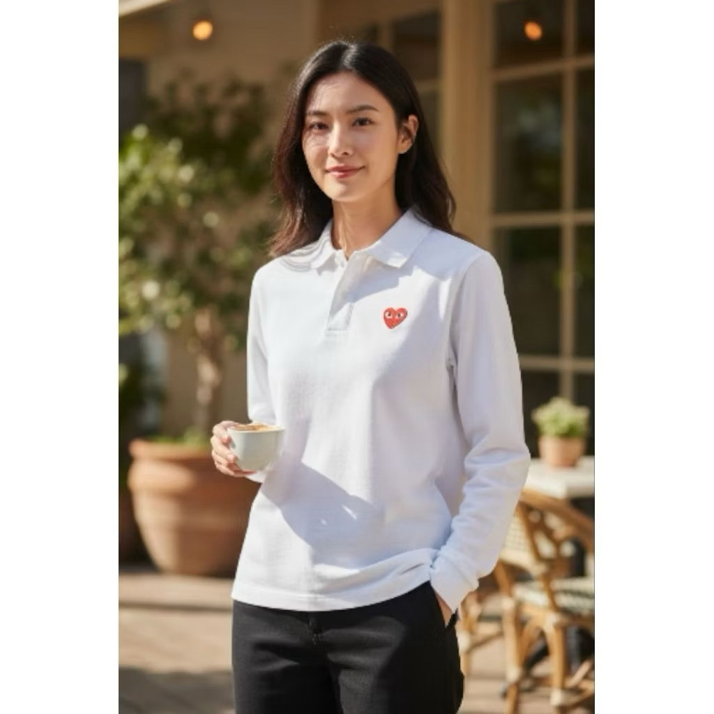 (Logo Bordir) Kaos Kerah Play Love CDG Lengan Panjang // Polo Shirt Wanita Logo CDG Play Bordir