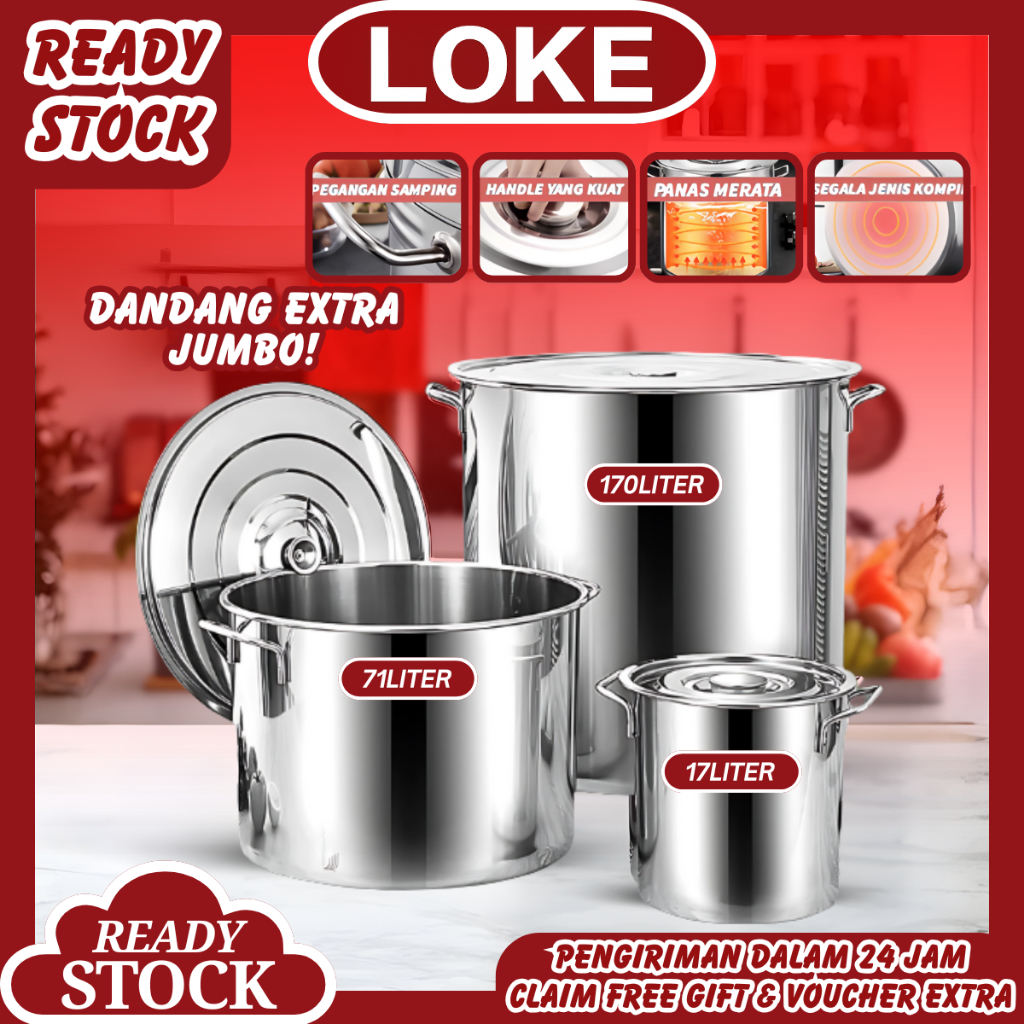 LOKE Panci Dandang Besar Stockpot Jumbo Full Stainless Steel Panci Jumbo Stock Pot Tebal Besar