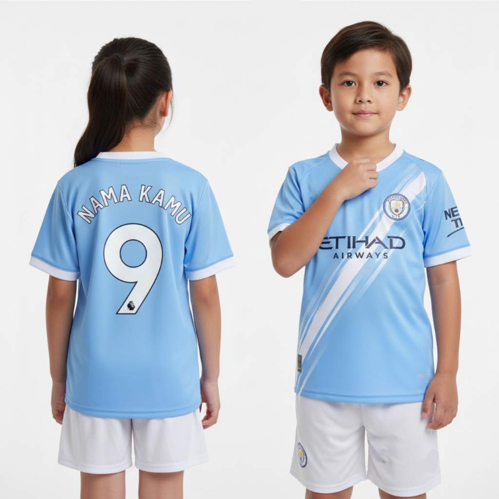 KIDS Jersey Mnchstr Cty Home 2025 2026 Baju Bola Warna Biru Muda Anak Patch Premier League UCL Custo