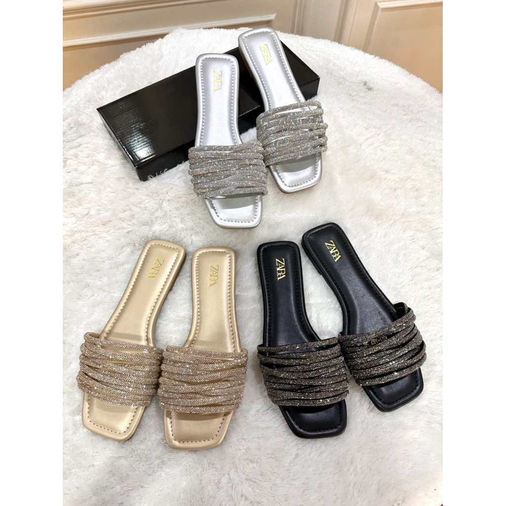 sendal wanita sandal Zara Bahan glitter sorovski import premium