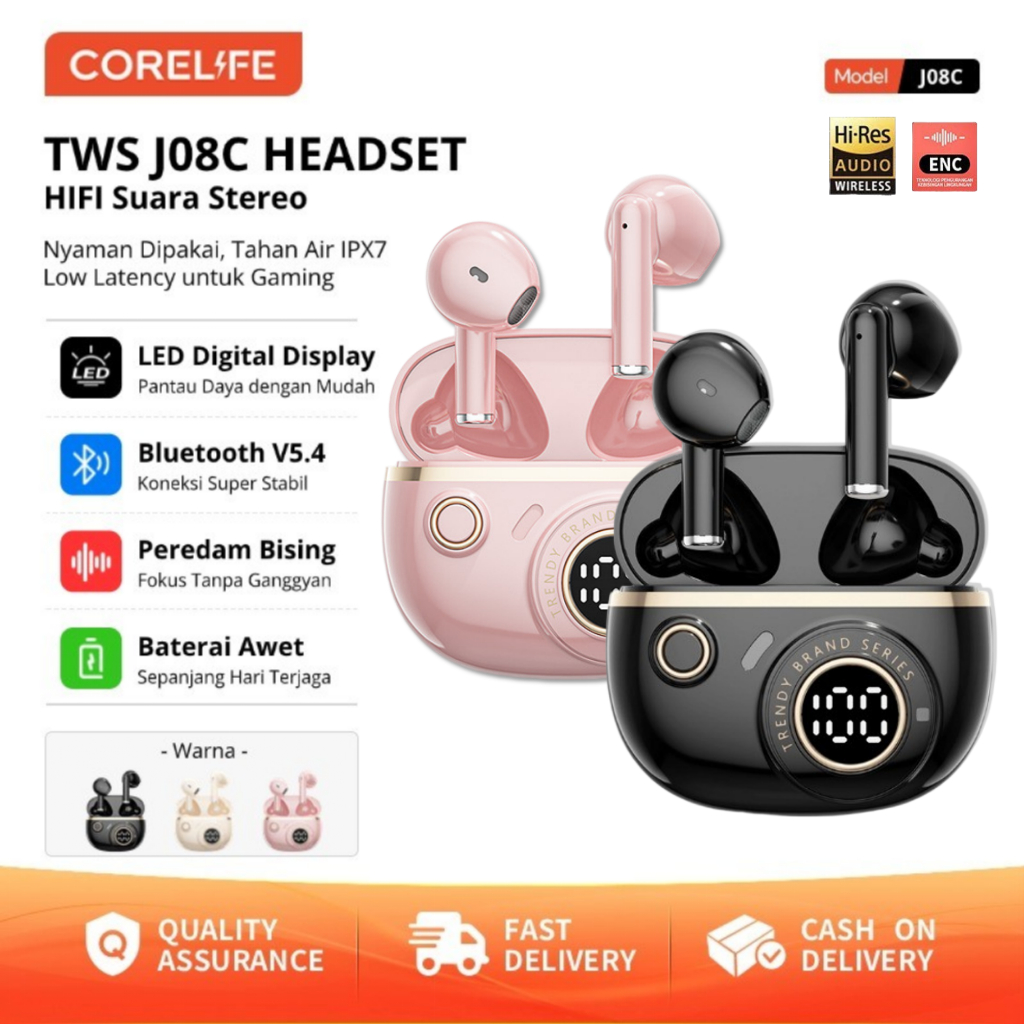 CORELIFE  TWS J08C Bluetooth 5.4 Kualitas Suara Tinggi Pembatalan Kebisingan Latensi Rendah Baterai 