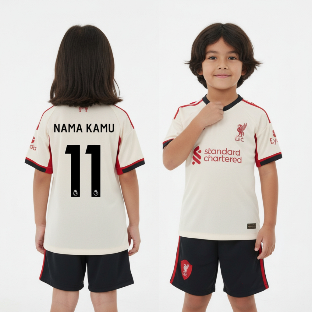 KIDS Jersey Lvrpl Away 2025 2026 Baju Bola Warna Cream Anak Patch Premier League UCL Custom Nameset 