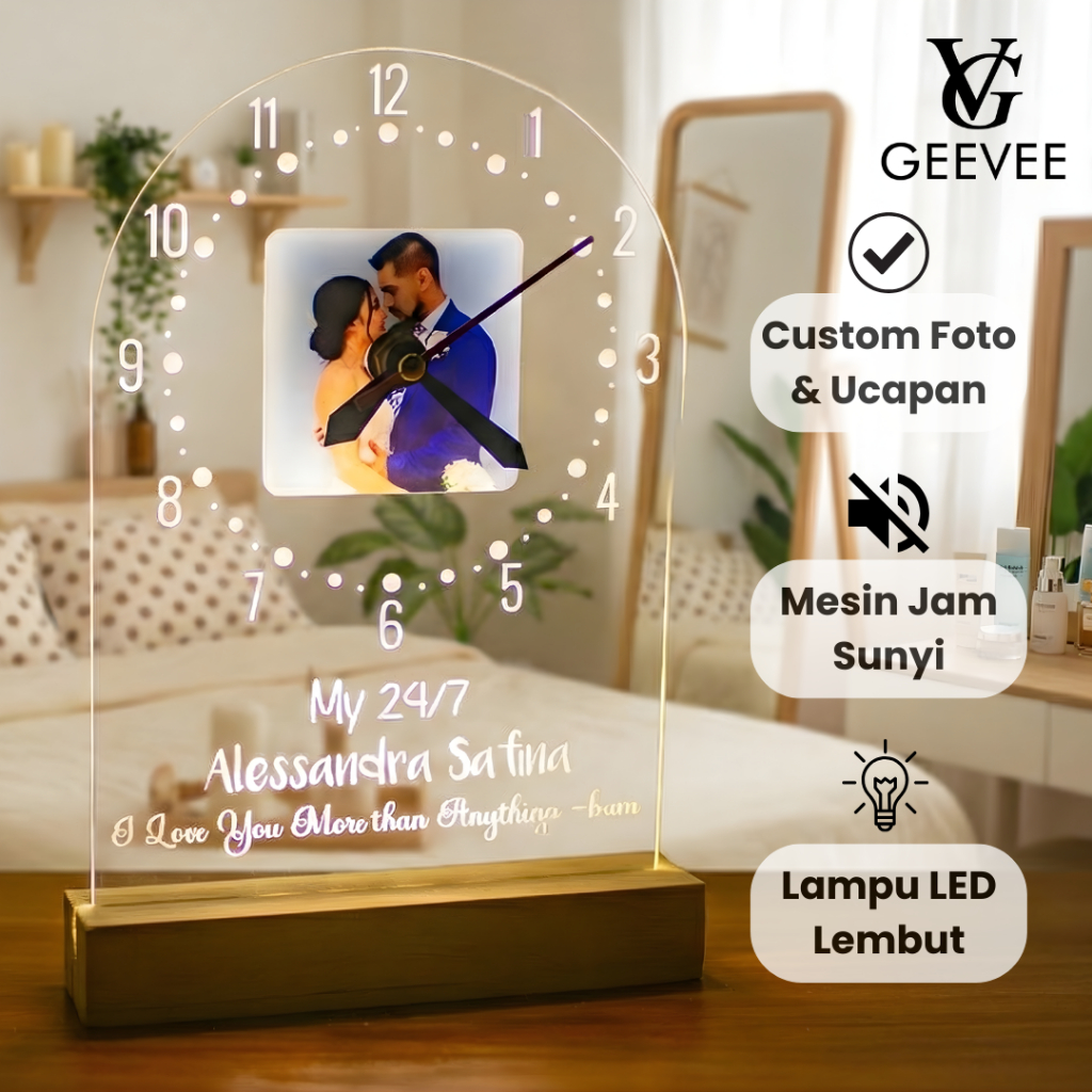 GEEVEE Jam Meja Akrilik Custom Foto LED Transparan - Kado Ulang Tahun Pacar Anniversary Pasangan - H