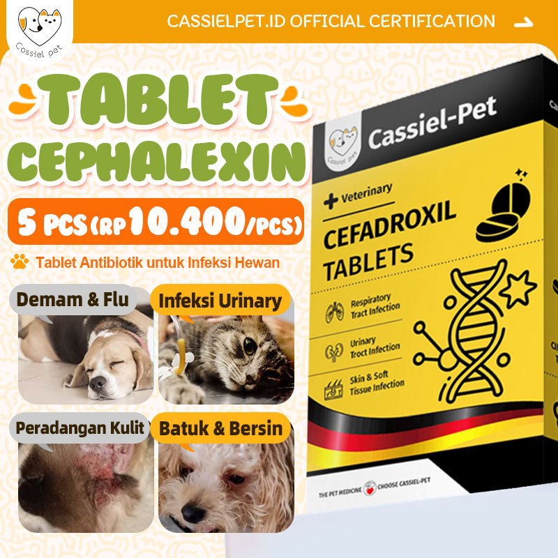 Cassiel Pet Cephalexin Hewan - Antibiotik Obat Infeksi Kulit, Telinga & Saluran Kemih Anjing/Kucing 