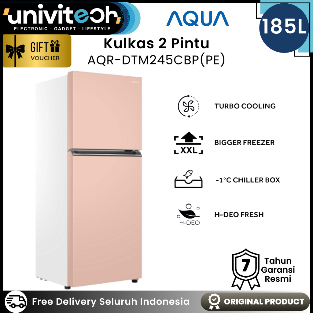 Aqua Kulkas 2 Pintu 185 Liter Tanpa Bunga Es Low Watt Big Freezer Turbo Cooling - AQR DTM245CBP