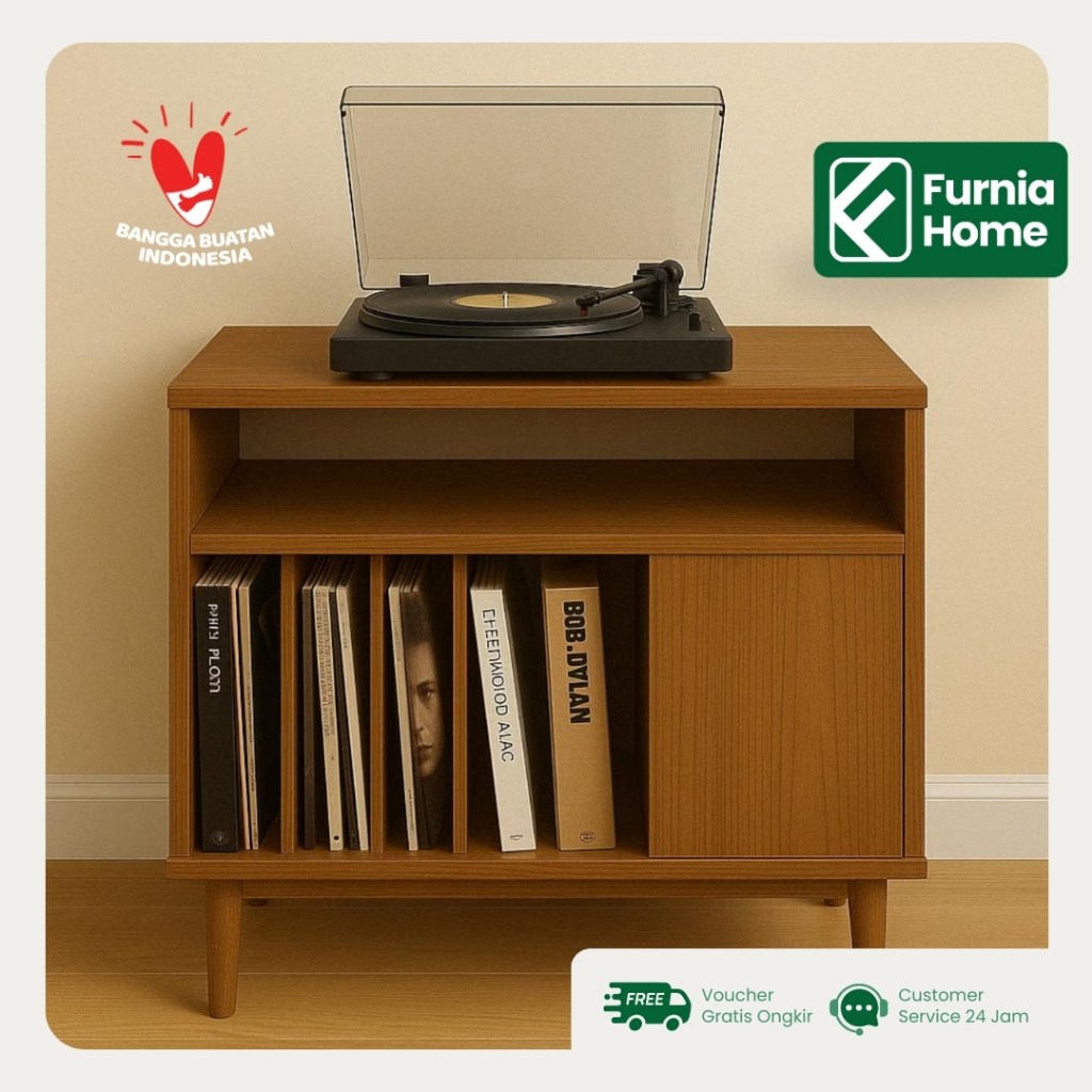 Meja vinyl Kayu Jati Rak buku Kisi-Kisi Modern - FURNIA HOME