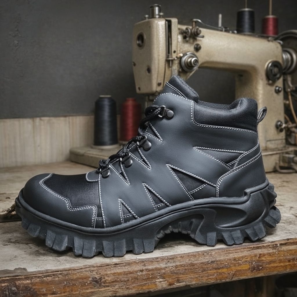 Sepatu Safety Pria Proyek Lapangan dan Outdoor Medan Berat Sol Karet Anti Selip Dijahit Hitam Size 3