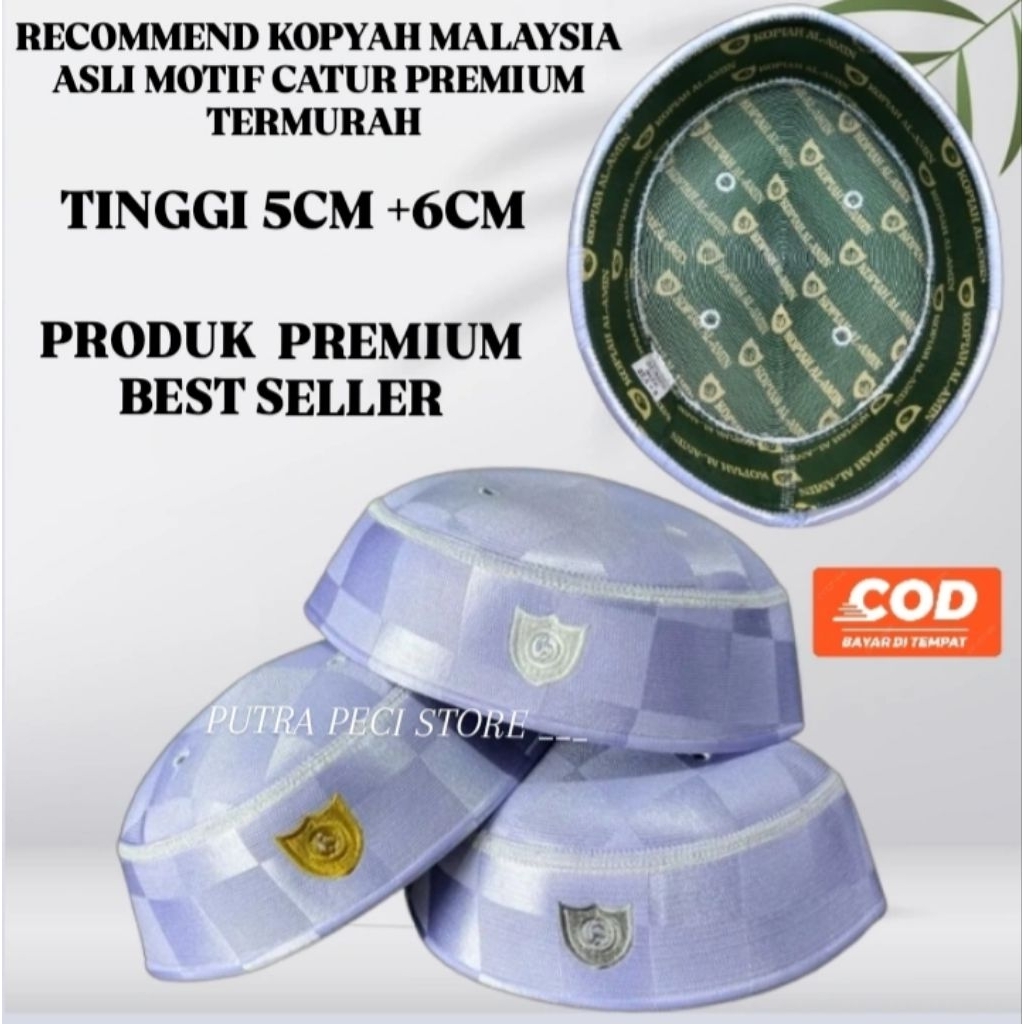 peci Malaysia motif catur A5 premium 5CM, kopiah malasiya motifcatur A5 6CM,peci putih kain sutra as