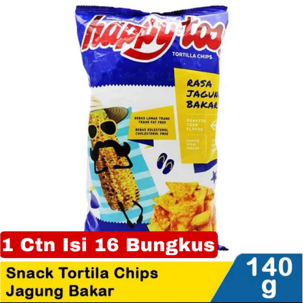 HappyTos Tortilla Chips Jagung Bakar 140g - 1 Karton Isi 16 Bungkus - Snack Jagung Grosir