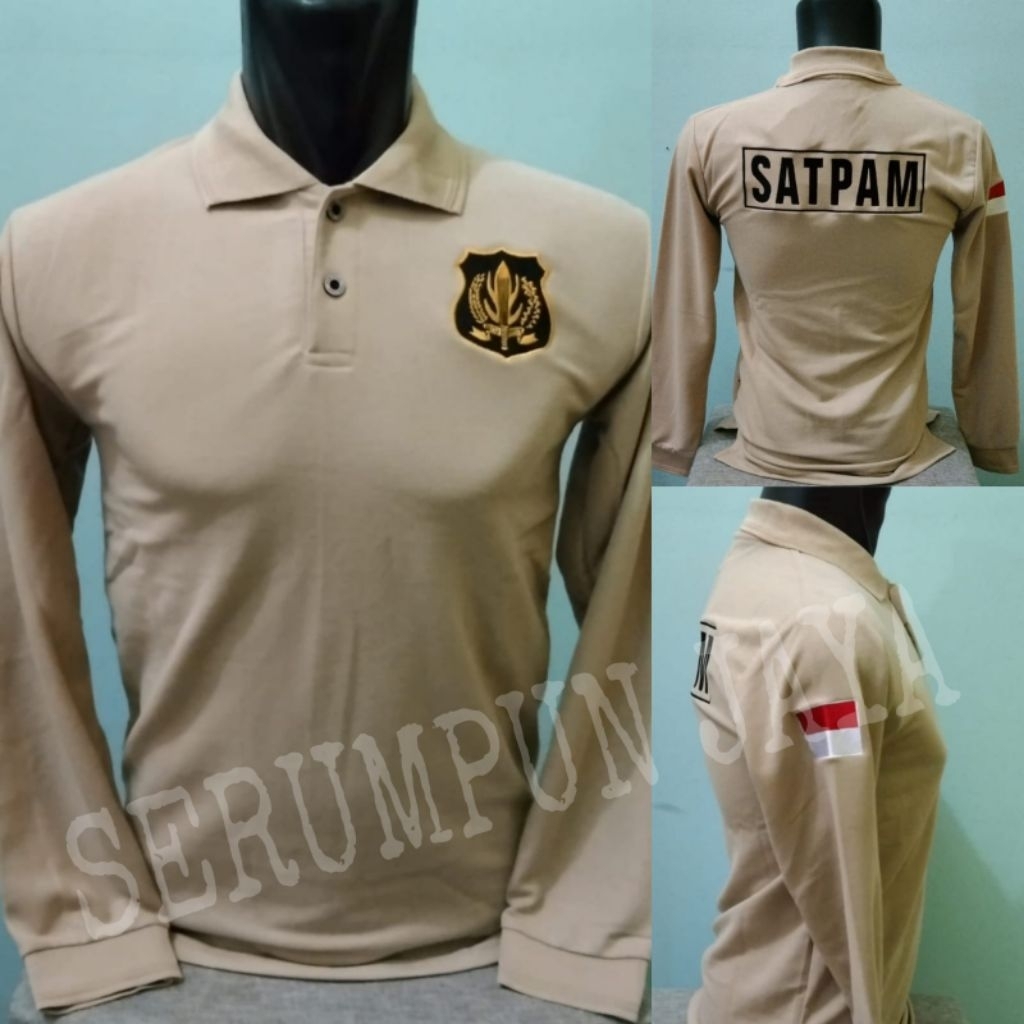 KAOS SATPAM KREM LENGAN PANJANG LOGO KUNING FULL BORDIR - KAOS KERAH SATPAM LOGO KUNING PANJANG BORD