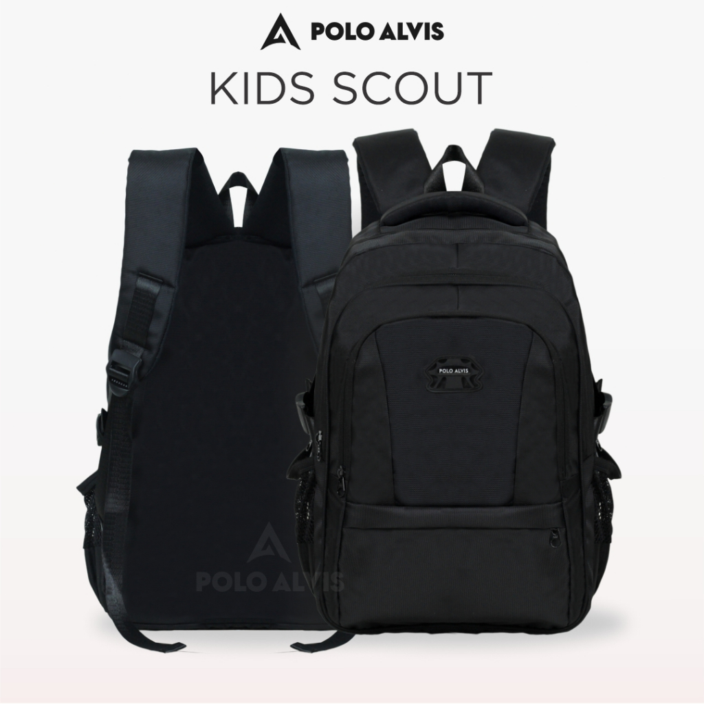 POLO ALVIS - Kids Scout Tas Sekolah Anak TK SD Ransel Cowok Hitam Polos Tas Sekolah Les Laki-laki