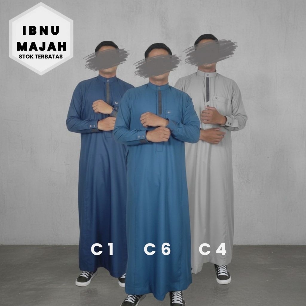 Jubah Al Raz Premium Katun Model Ibnu Majah Zipper | Cream Biru Navy