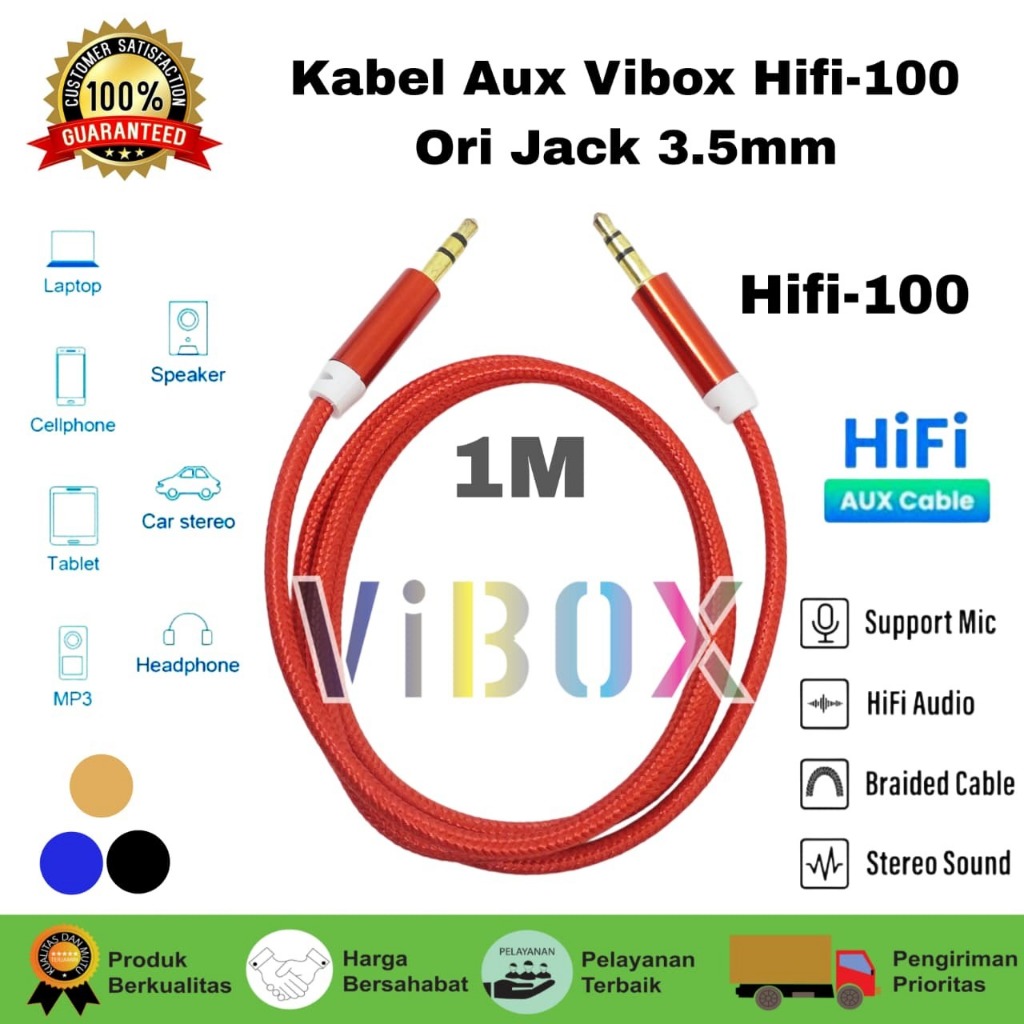 Vibox Kabel Aux Hifi-100 Hifi Gold Plated Kabel Audio Aux Nylon Audio Beats 3.5MM To 3.5MM Male To M