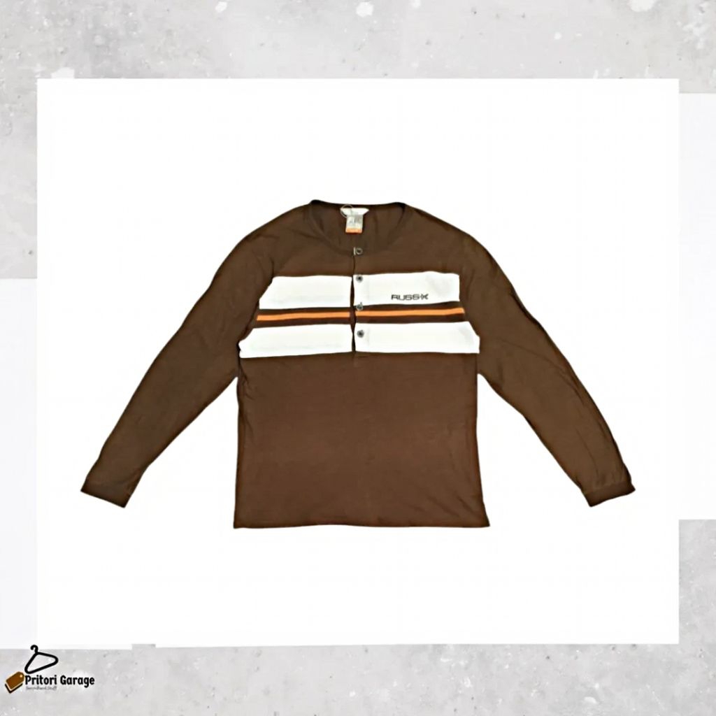 Long Sleeve Stripe Rugby Polo Russ K White Orange Brown Travis Colour Vintage M