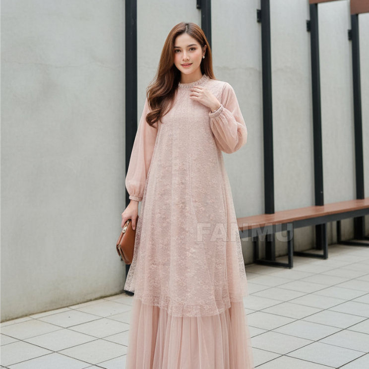 FAREZA -  Gamis Brukat Tulle Pesta Premium